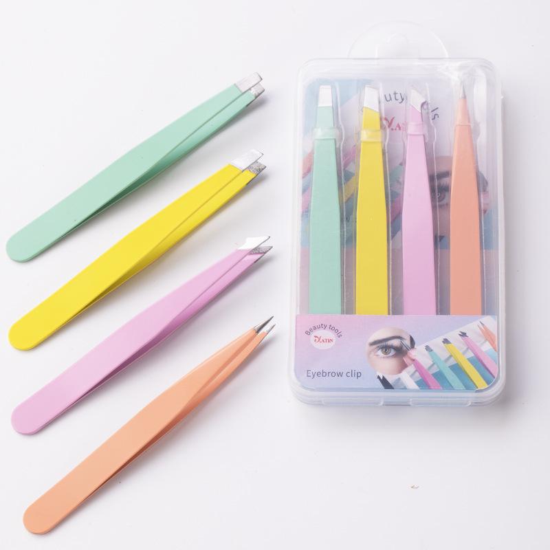 4-Piece Stainless Steel Black Tweezer Set for Eyebrows and Hair Removal with Storage Case
