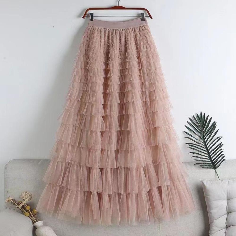 Women's Elastic Waist A‑Line Maxi Tulle Skirt Fresh Sweet Tiered Cake Long Skirt