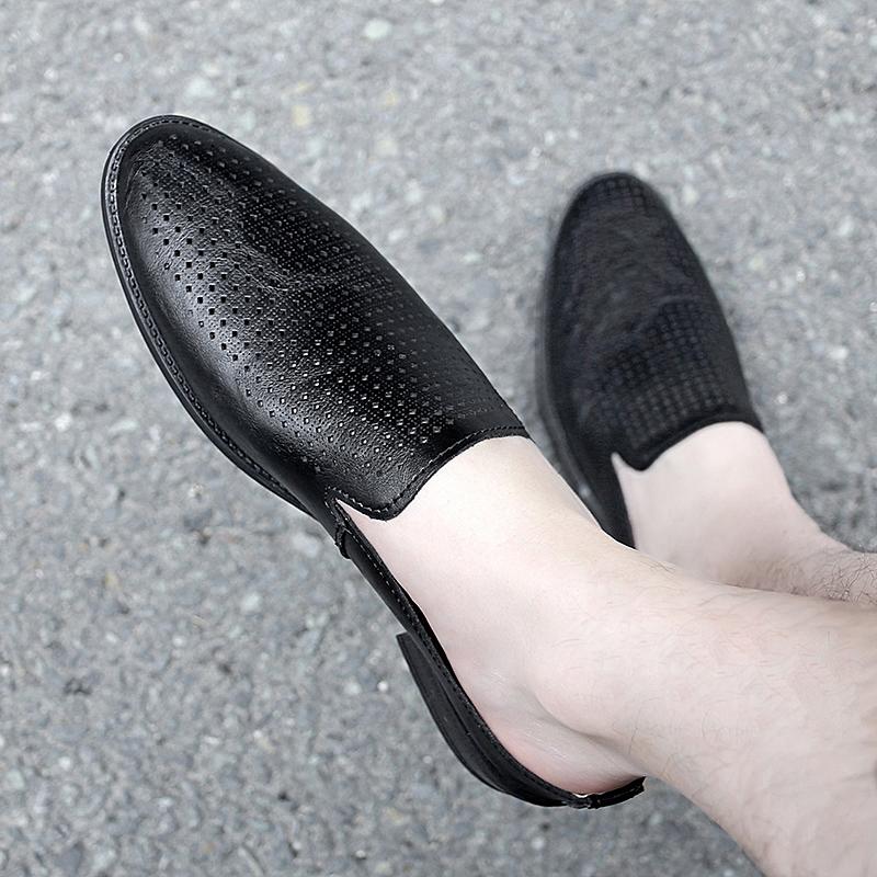 2026 Summer Mules Men Half Shoes For Man Slippers Hollow Out Leather Mens Casual Shoes Backless Loafers Male Slides Flat Sandals