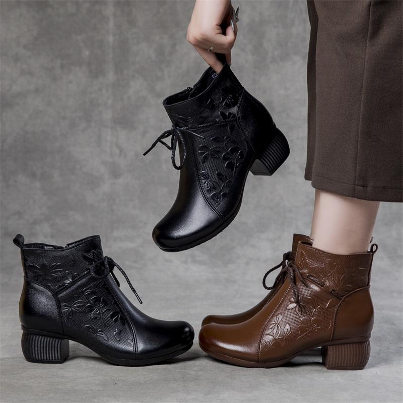 Fashion GKTINOO Retro Genuine Leather 2024 Autumn New Women Short Boots Leisure Versatile Solid Color Round Toe Thick Heeled Shoes