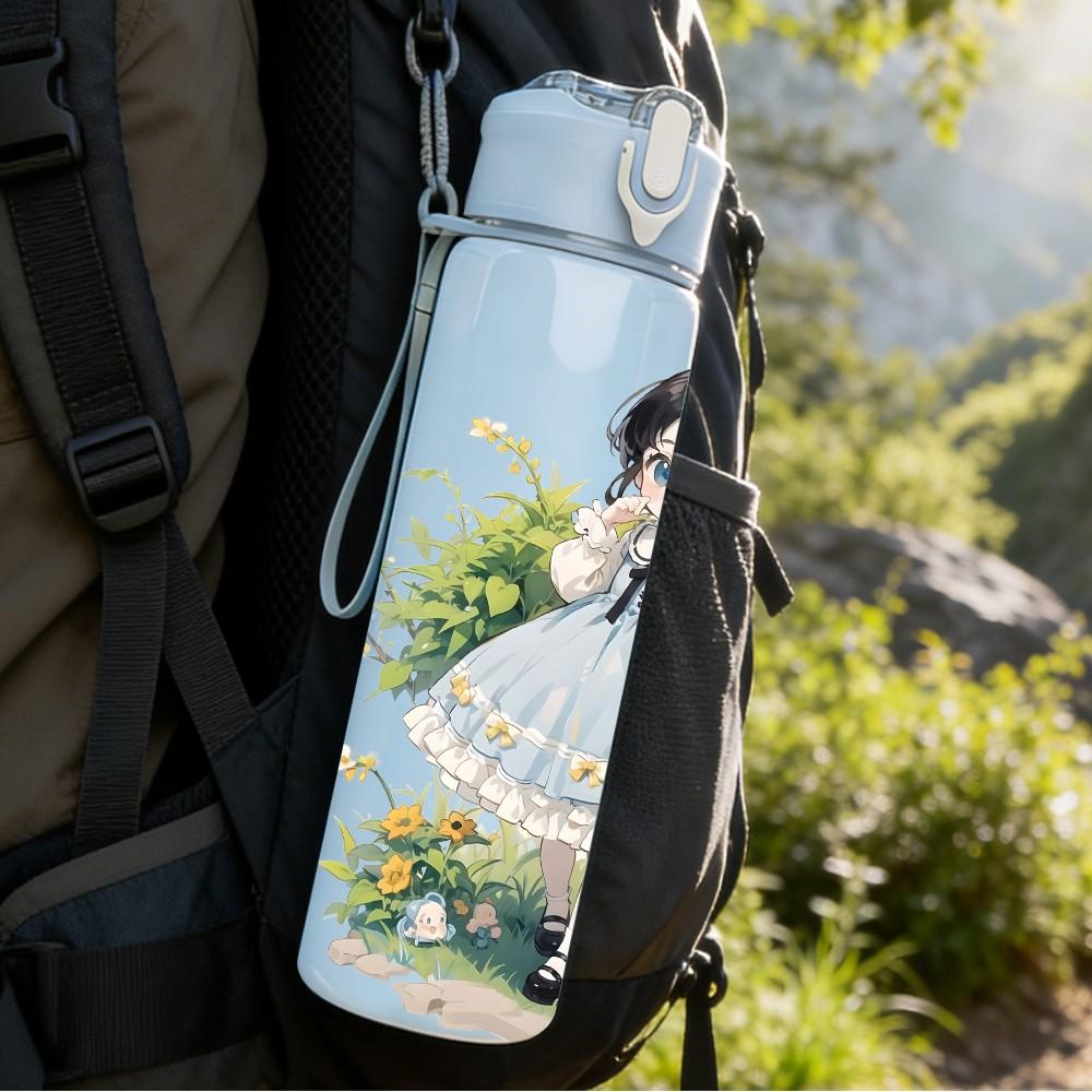 1PC Light Blue Dress Girl Green Leaf Pattern 750ml Color Plastic Sports Water Bottle Leakproof Flip Straw Lid Suitable for Sports Office Home Use