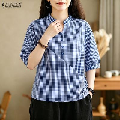 Women Casual Stand Collar Loose Half Sleeve Plaid Print Blouse