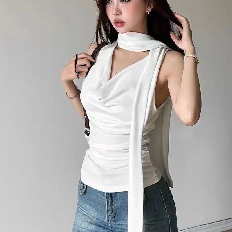 Y2K Style Cowl Neck Tie Halter Tank Top - Women's 2025 Sweet & Cool Summer Vest