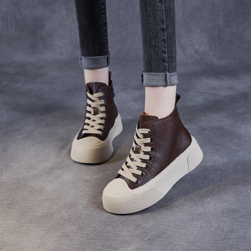 Fashion 5CM 2024 Spring Autumn Chunky Platform Ankle Boots Women Genuine Leather Lace-Up Zipper High Top Thick Sole Casual Board Shoes