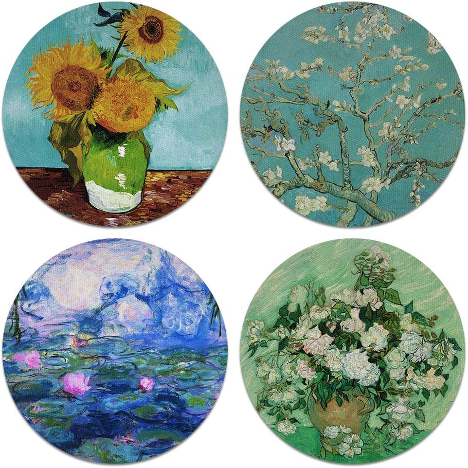 CARIBOU Coasters - Irises, Mulberry, The Pink Peach Tree by Vincent Van Gogh, Gustav Klimt Flower Garden Design Absorbent Round Fabric Felt Neoprene
