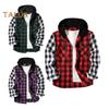 Fall Winter Men Shirt Coat Plaid Print Long Sleeves Chest Pocket Adjustable Drawstring Hood Single-breasted Patchwork Loose Contrast Color Jacket