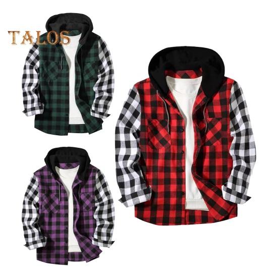 Fall Winter Men Shirt Coat Plaid Print Long Sleeves Chest Pocket Adjustable Drawstring Hood Single-breasted Patchwork Loose Contrast Color Jacket
