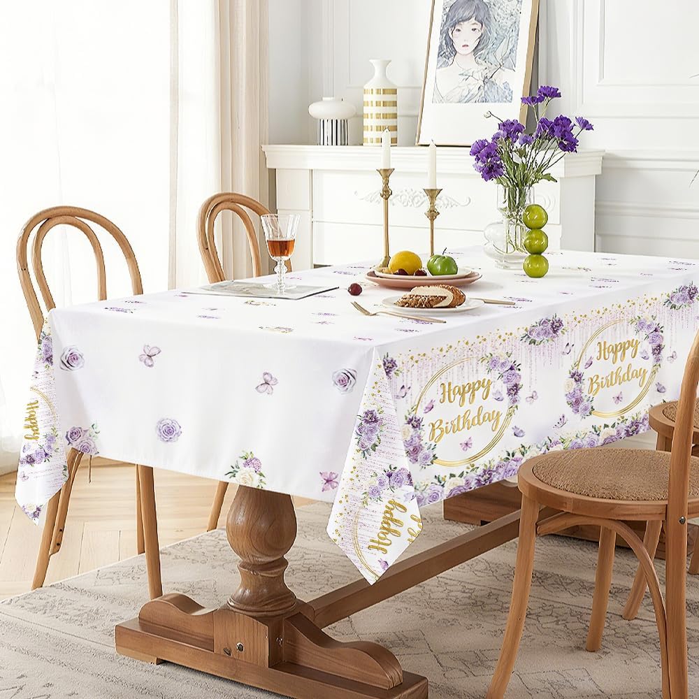 MEHOFOND 3pcs Purple Happy Birthday Tablecloths for Girls, 108x54“ Pastel Violet Floral Dripping Glitter Bday Disposable Table Cover,Spring Flowers