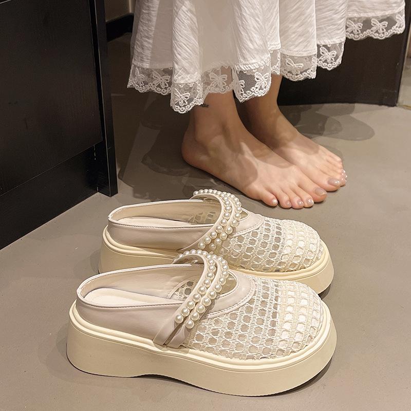 Hollow thick-soled bag head cool slippers women's 2025 summer new beaded comfortable and versatile women's cool slippers