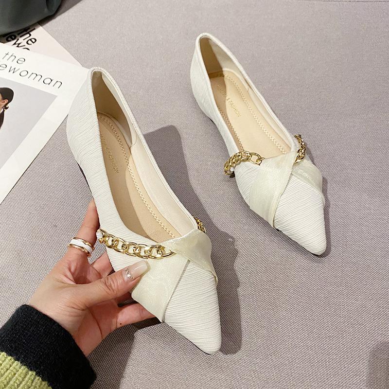 Fashion new designer metal chains flat shoes woman lace band ballet flats pointed toe stripe fabric slip on loafers women working shoes