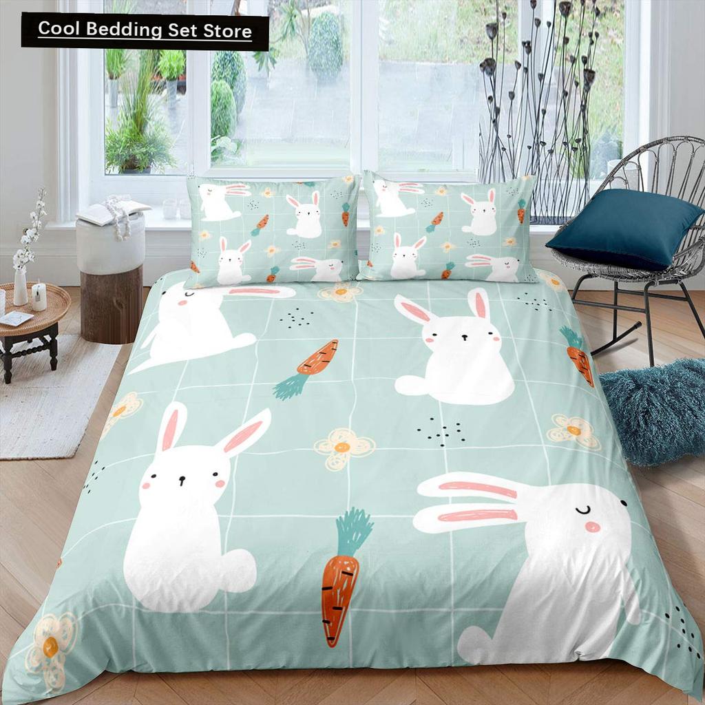 Kids Cartoon Rabbit Carrot King Queen Duvet Cover Boys Girls Cute Bunny Bedding Set Animal Quilt Cover Polyester Comforter Cover