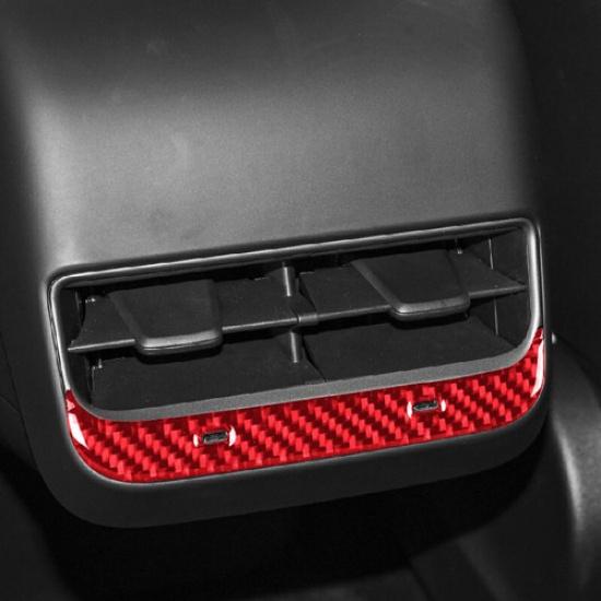 Red Carbon Fiber Car Central Armrest Box Rear AC Vent Cover For Model 3 Y 17-22