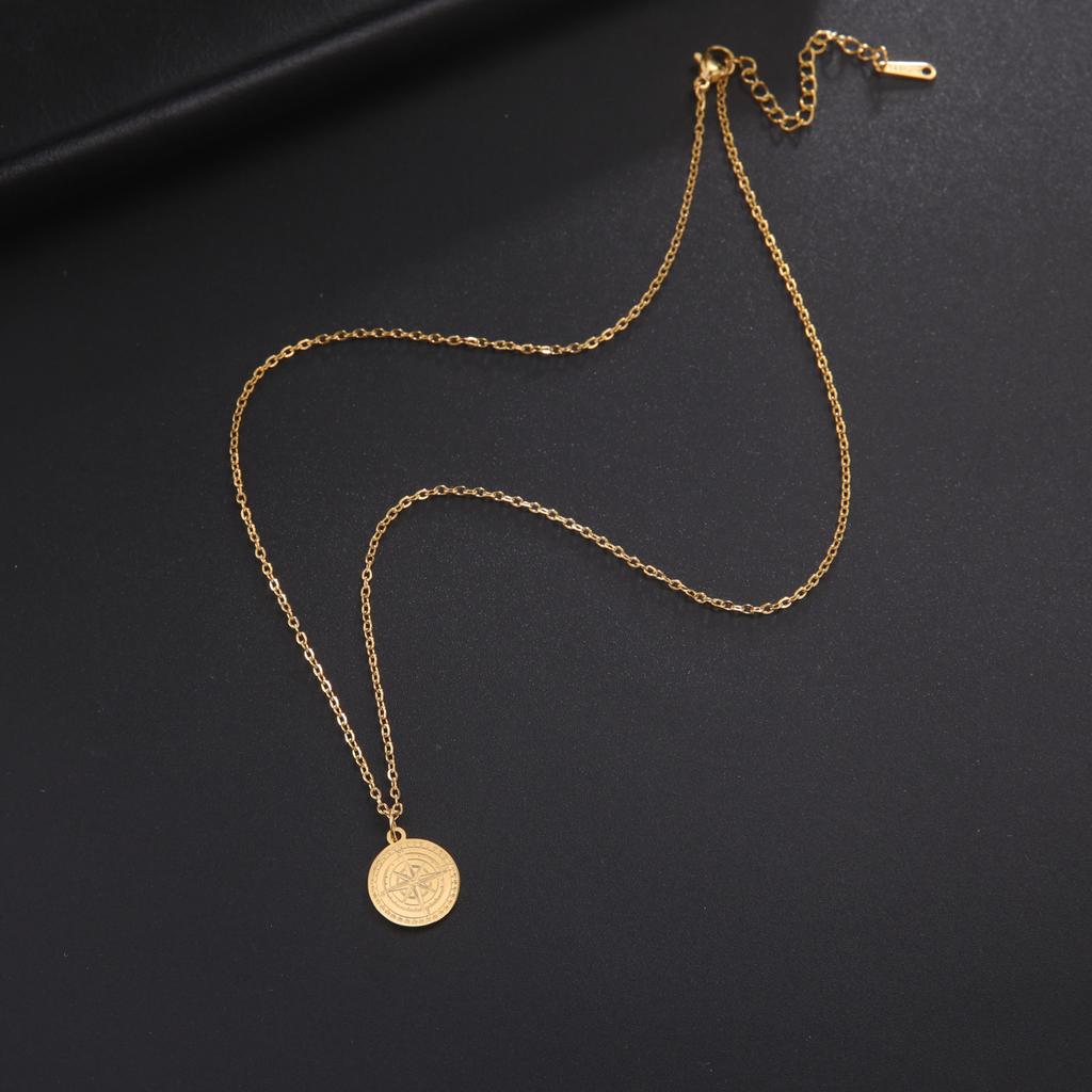Round Coin Compass Pendant Necklace for Men Women Viking Star Butterfly Stainless Steel Choker Jewelry Hip Hop Accessories Gift