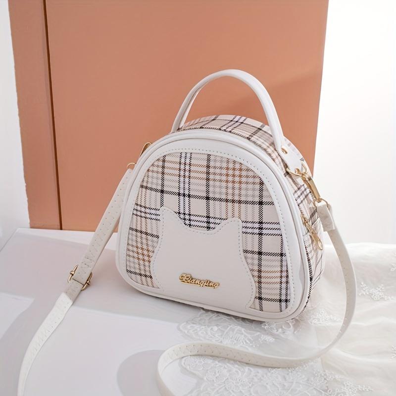 Plaid Cat Handbag Stylish Plaid Cat Face Handbag Adjustable Strap, Zipper Closure, Perfect for Casual Outings & Travel