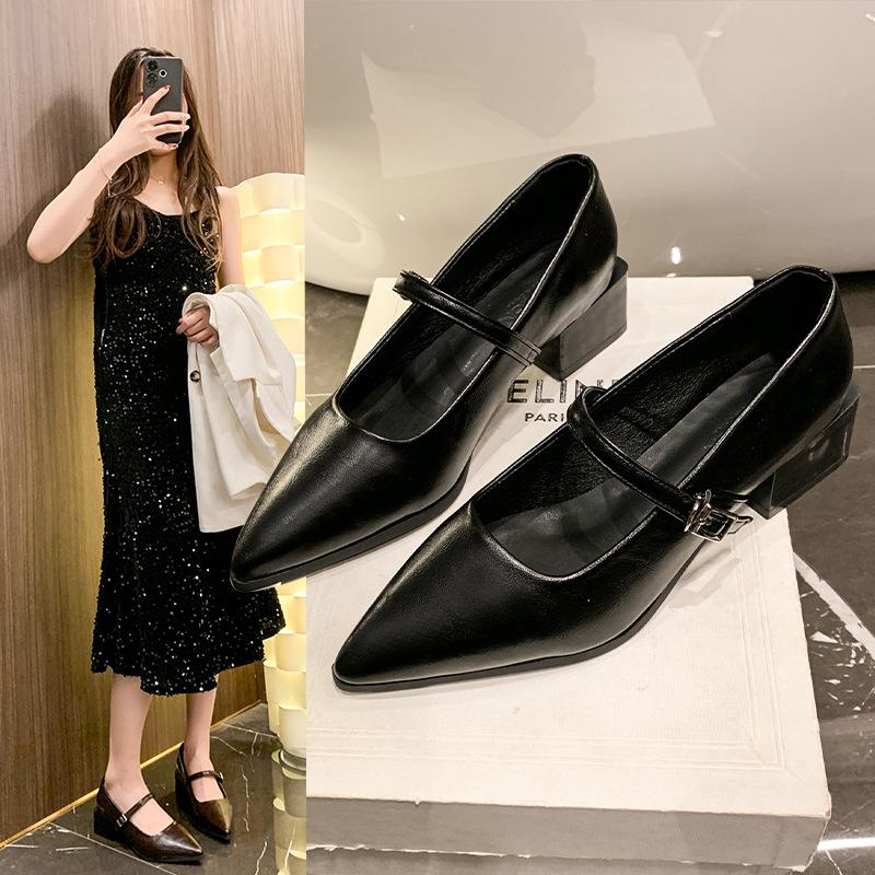 Retro Style Thick Heel Women Mary Jane Shoes Fashion Shallow Pointed Toe Ladies Comfort Office Pumps Footwear