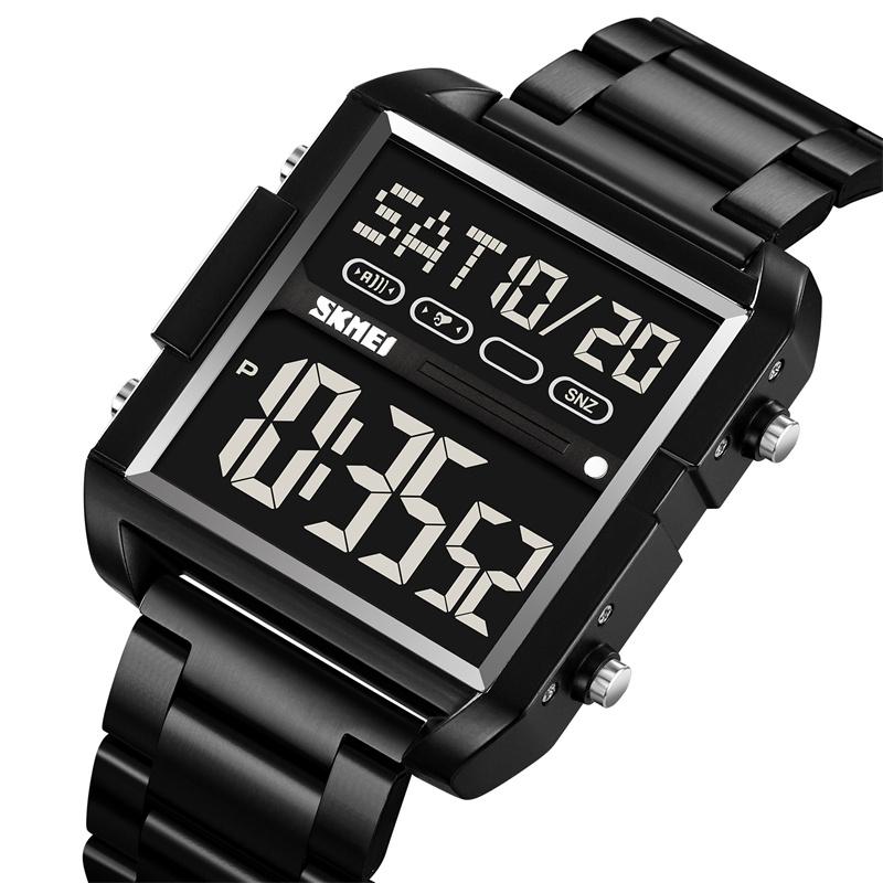 Skmei Luxury Brand Steel Strap Digital Watches for Mens Dual Time Zone Waterproof LED Chronograph Fashion Date Week Alarm Clock