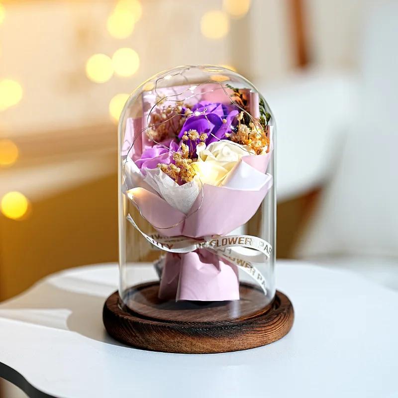 Real Dried Sunflower Bouquet with LED Light Real Eternal Roses Lamp Sunflower Glass Cover Graduation Valentine's Mother's Gift