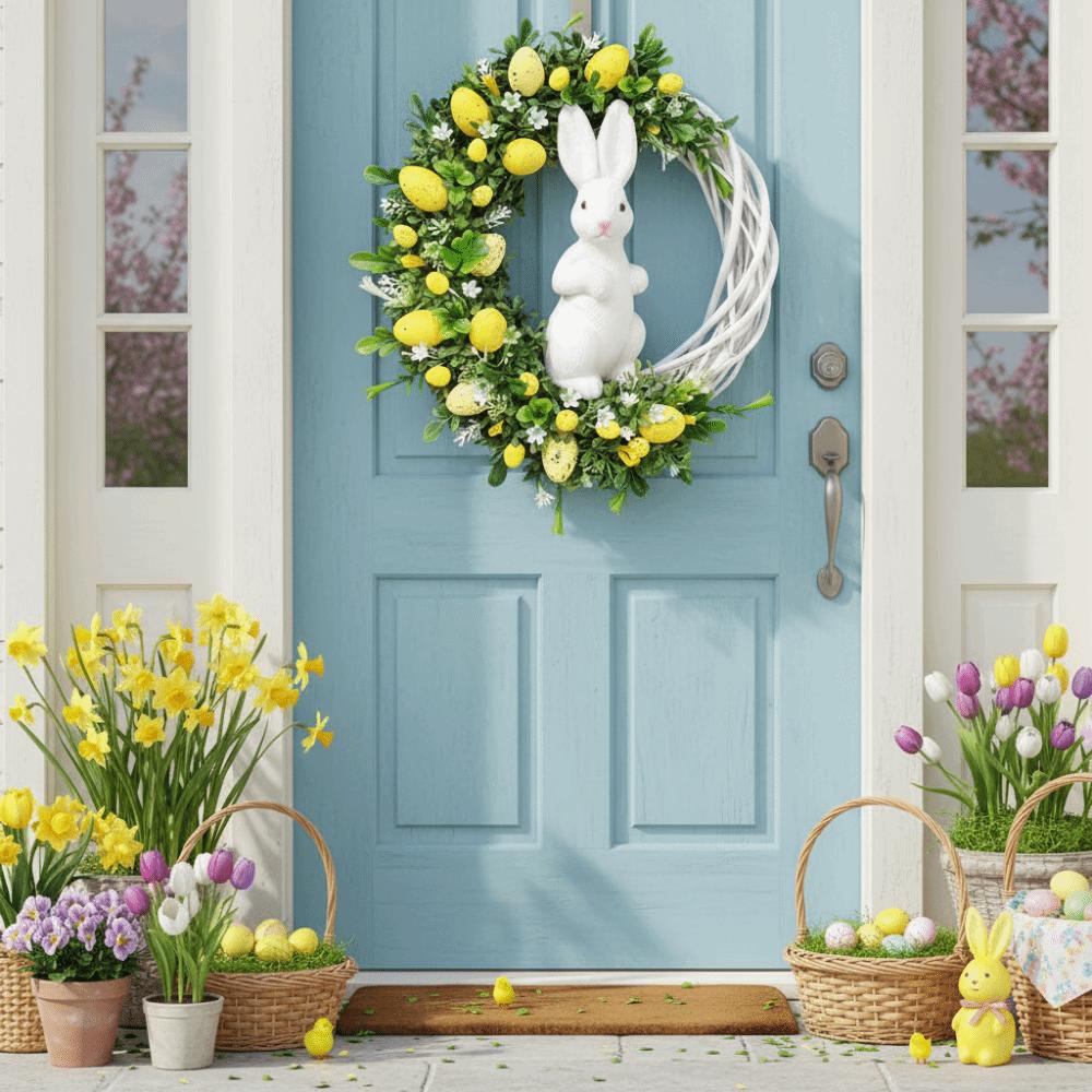 Rattan Ring Easter Bunny Wreath Foam Eggs Acrylic Decor Easter Garland Easter Vine Ring Spring Wall Hanging Home Decoration