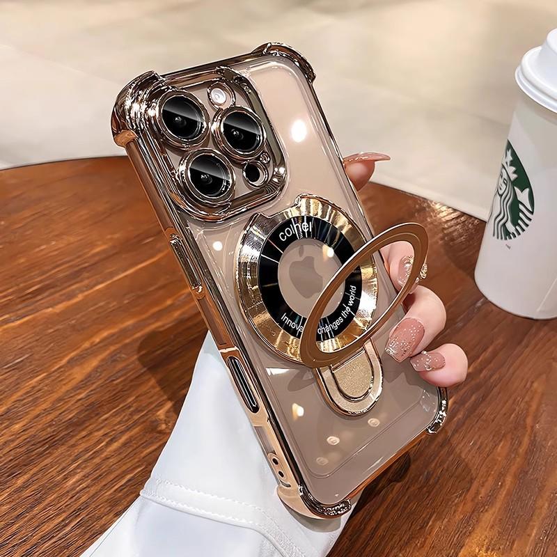 Metal Ring Kickstand Four Corners Shockproof Plating Clear Case For iPhone 16 15 14 13 11 Pro Max Plus Magsafe Magnetic Cover