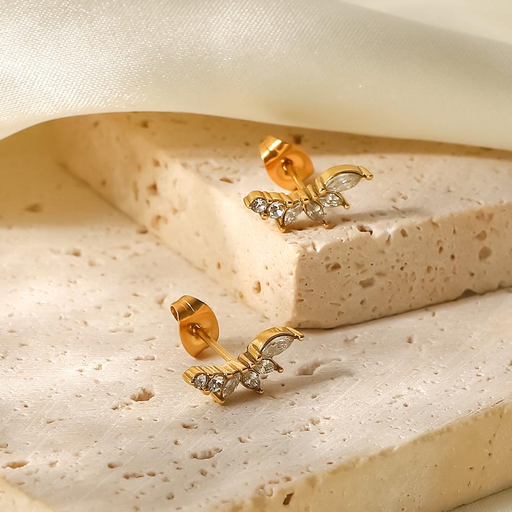 

18K Gold Titanium Steel Flower Zircon Stud Earrings - European & American Style