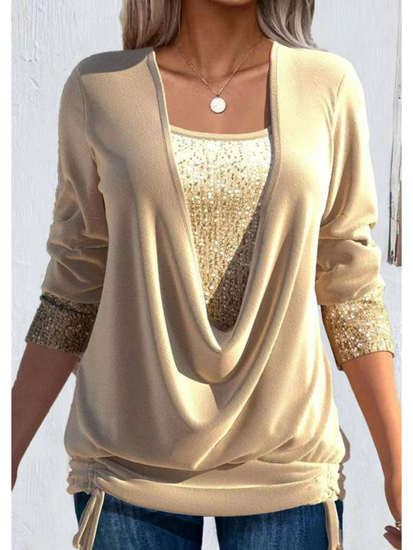 

2023 Spring European and American Sequin Color Block Long Sleeve Women s Top with Draped Collar and Ruched Two-Piece Look 4XL