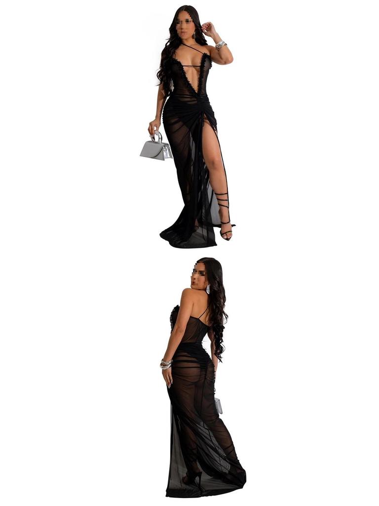 Sexy durchsichtiges Netzkleid mit hohem Schlitz für Damen