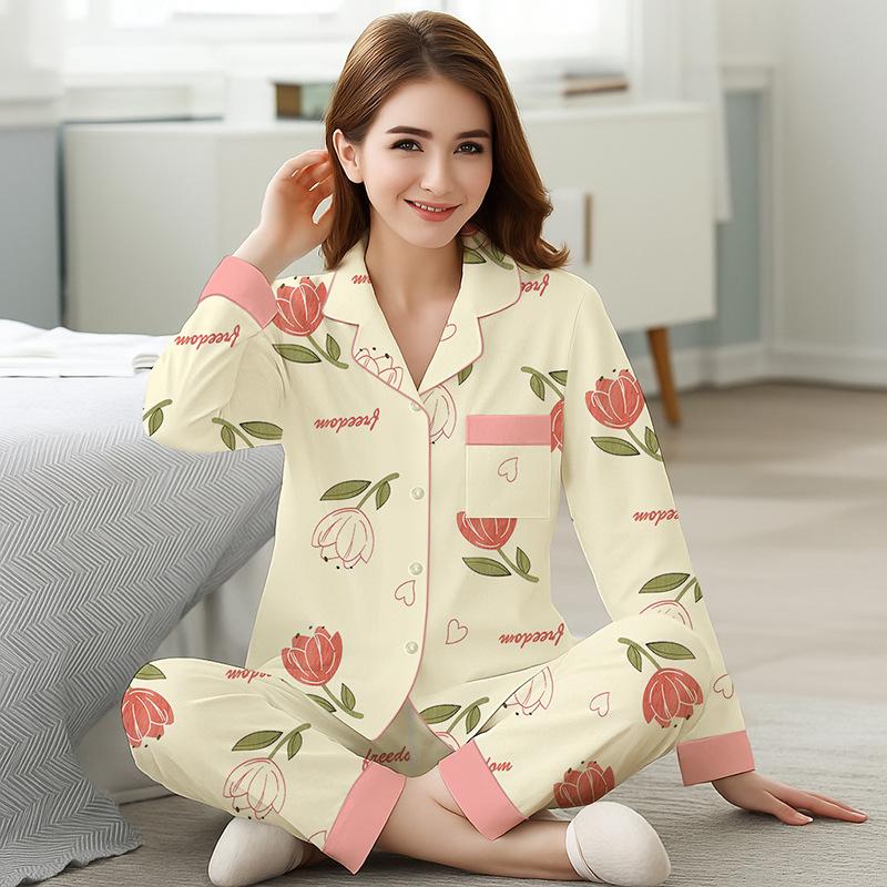 Modischer floraler Pyjama Damen Frühling und Herbst Imitat Baumwolle Langarm-Cardigan Mittel Mutter Große Größe Anzug Loungewear