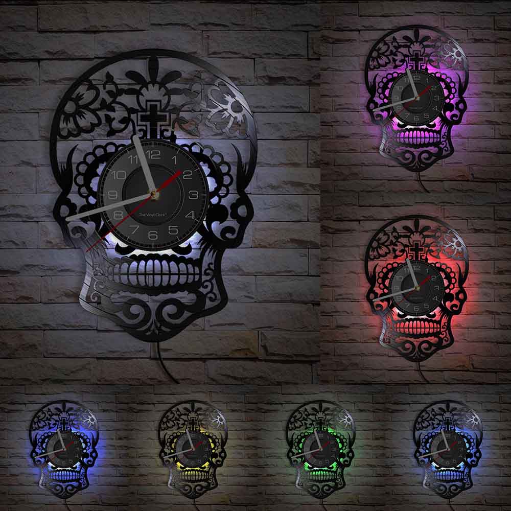 Schädel-Kopf-Vinyl-Schallplatten-Wanduhr im Alter von Skelett-Kopf-Wanduhr, Skelett-Vampir-Männer, Halloween-Dekor, Wandbehang-Uhr