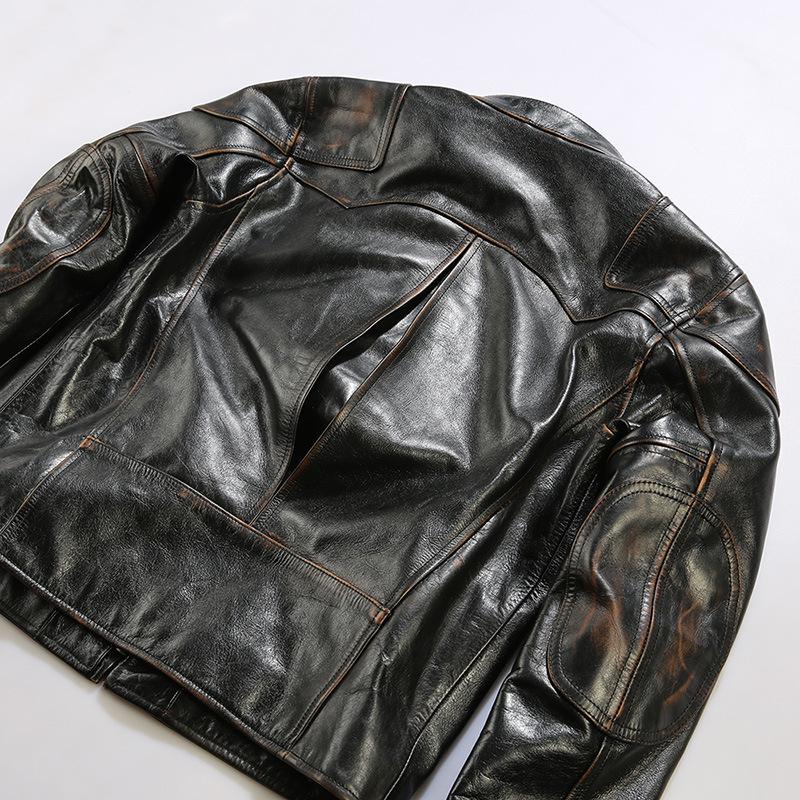 Chaqueta de moto de cuero caqui para hombre - Estilo Venom, cuello alto, piel de vaca