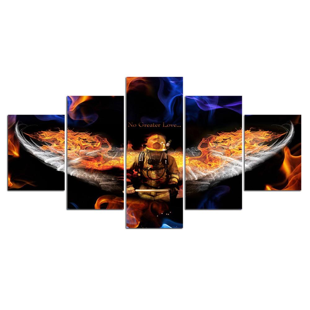 Unframed 5 Panel Fireman Firefighter No Greater Love Print Pictures Wall Art Home Decor Posters Canvas Paintings for Living Room 20x35 20x45 20x55cm