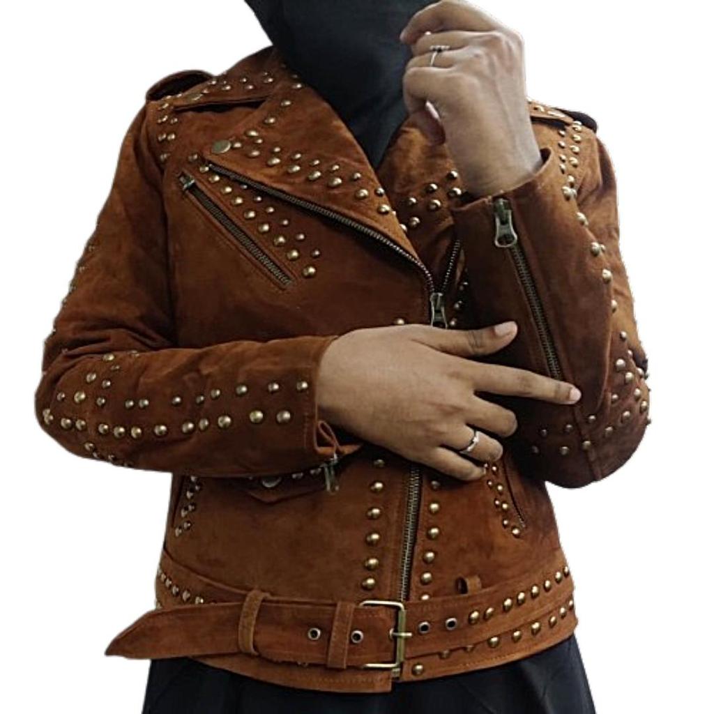 Women's American Style, Lambskin Brown Suede, Studded Jacket, With Zipper & Jacket,| Shoulder Strap, Gifts for her ,Cowgirl Jacket