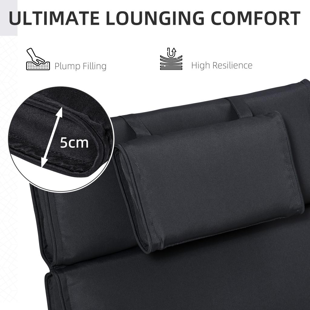 Garden Sun Lounger Cushion Replacement Soft Sunbed Reclining Chair Relaxer Pad with Pillow, Cushion ONLY - Black