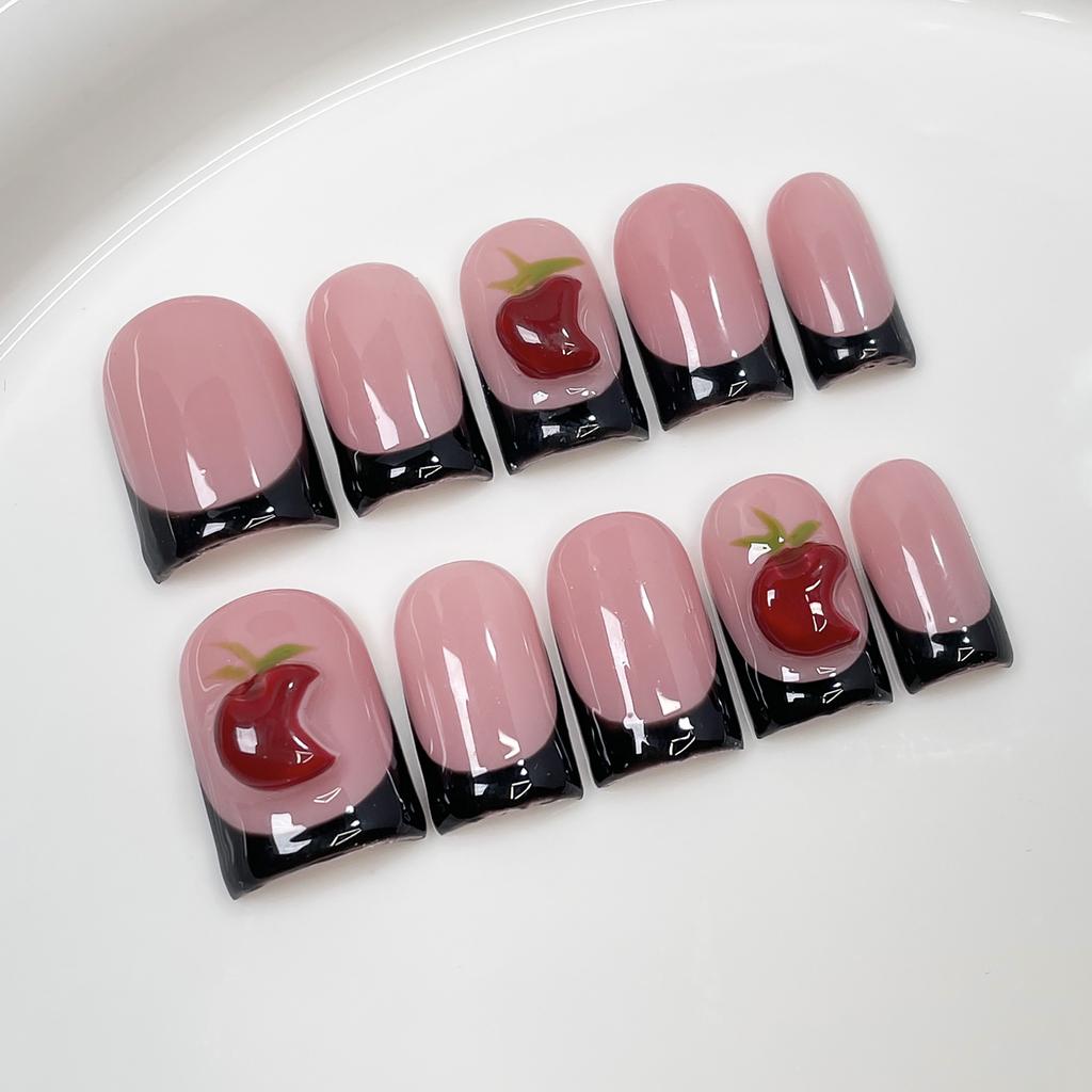 10pcs Nude Pink Handmade Press On Nails Short Square Bow Flower Diamond French Tip Fake Nails