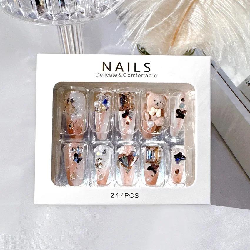 White Blue Color 3D Rabbit Star Rhinestone Designs-Full Cover Acrylic False Nails for Women and Girls Detachable Long Fake Nails