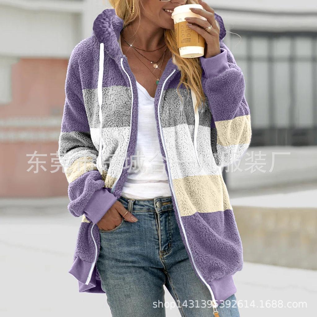 Women Color Block Fuzzy Fleece Hooded Jacket Full Zip Long Sleeve Plush Coat Casual Warm Outerwear S-5XL