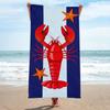 Red Lobster and Starfish Beach Towel Nautical Print with Blue White Vertical Stripe Background
