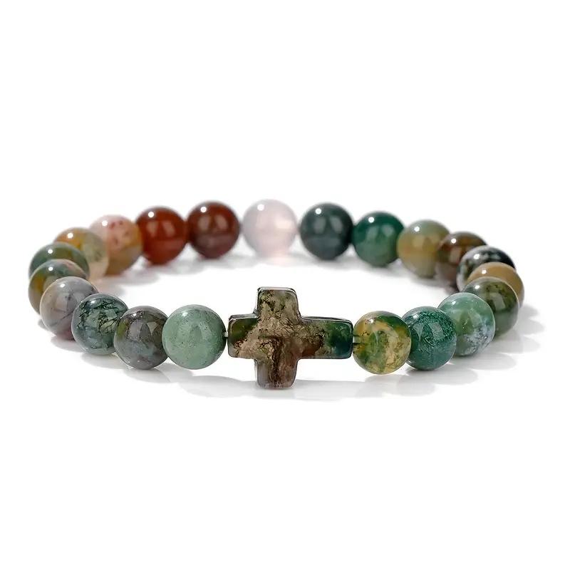 Natural Tiger Eye, Green Aventurine, Turquoise, and Malachite Cross Beaded Bracelet