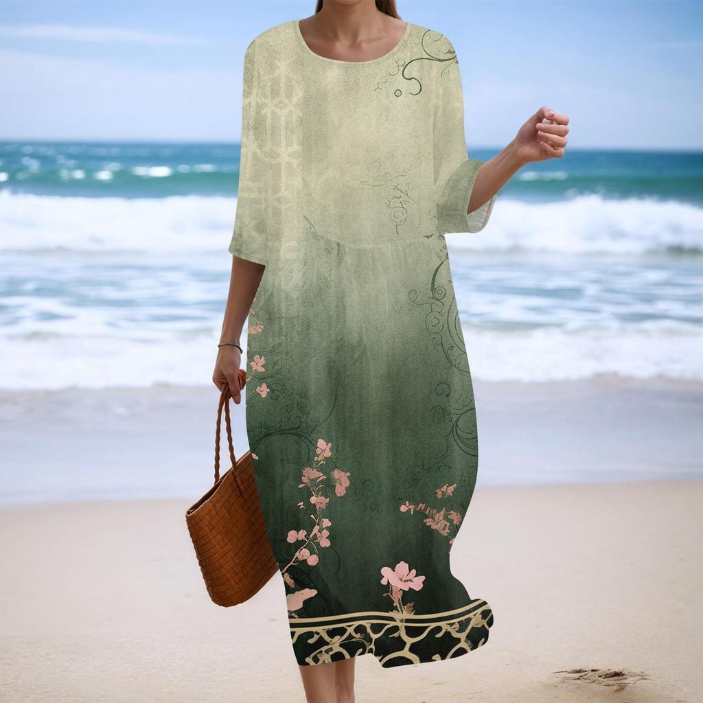 Damen Modisches Bedrucktes Rundhals Siebenviertelärmel Lockeres Kleid