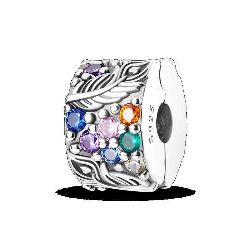 Silver Clasp 925 Silver CZ Pave Clip Charms Daisy Beads Stopper Safety Chain Fit Original Bangle Bracelet Jewelry Clip