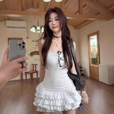 White Suspender Dress Summer New Ruffle Design Splicing Thin Ballet Style a Word Short
