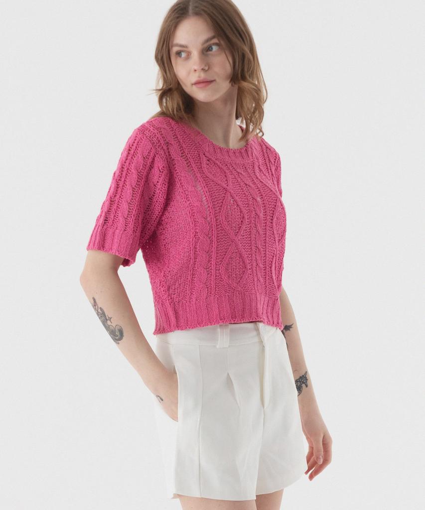PIANER See-Through Punched Boucle Short Sleeve Knit (Pink)