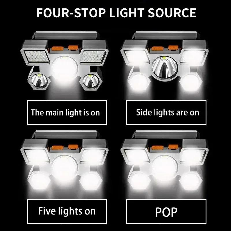 Lampada frontale LED ad alta potenza 5*, Luce super luminosa ricaricabile per pesca e campeggio, Lampada da minatore montata sulla testa a lunga gittata, Torcia elettrica