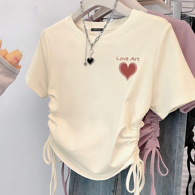 Retro Drawstring Crop Top Women Short Sleeve T Shirt Vintage Summer Clothes