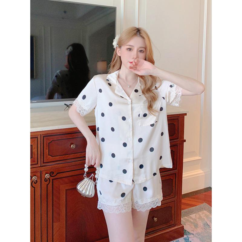 Classic Sweet Dot Print Women's Classy Pajamas Simulated Silk Lace Female Casual Lounge New Summer Cool Ladies Homewear