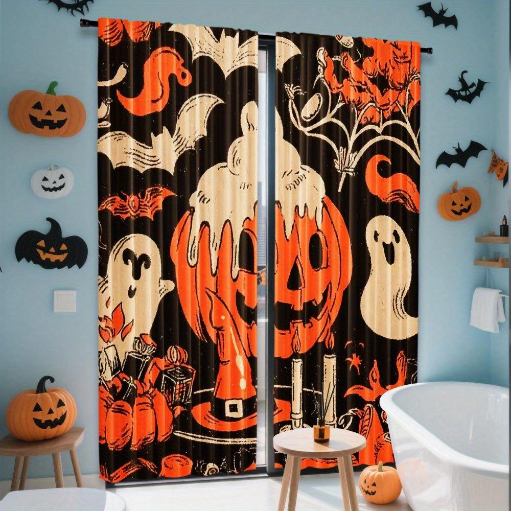2PCS Halloween Curtains, Ghost Pumpkin Bat Black, Digital Print, Bedroom Living Room, Office, Polyester, Window Drapes