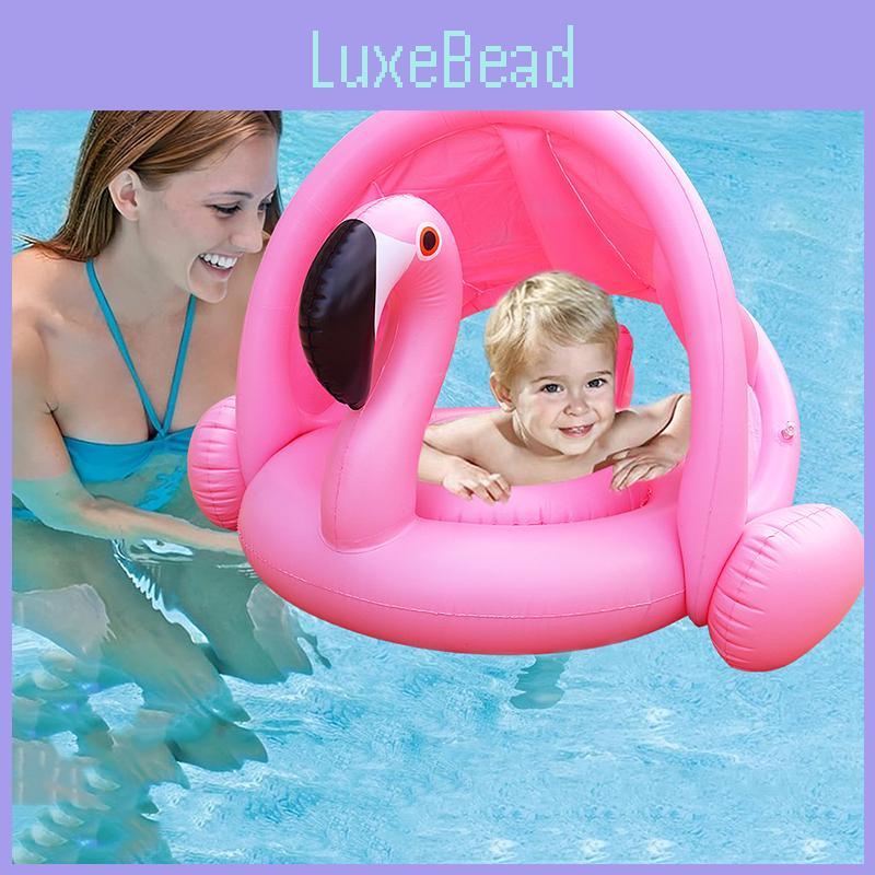 Inflatable Flamingo Seat Ring With Canopy Sunshade Cover Water Play Toy For Kids