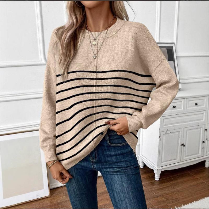 Women S Loose Casual Knit Striped Round Neck Sweater