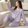 Pajamas women's spring and autumn 100% pure cotton long-sleeved plus size purple high-end autumn and winter cardigan loungewear two-piece set