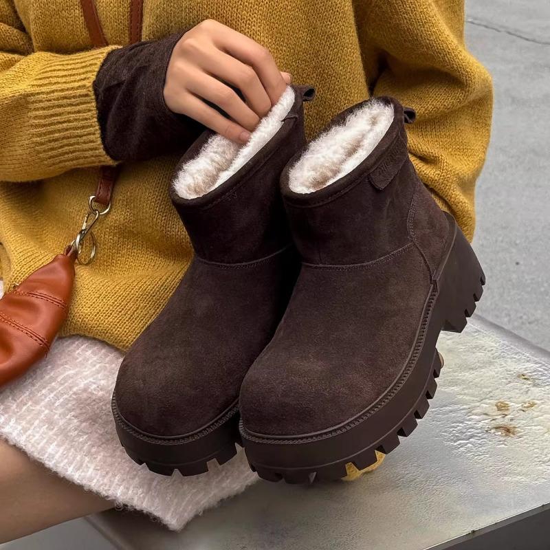 Thickened and velvet snow boots women's new winter leather real wool cotton shoes, velvet warm thick-soled non-slip short boots