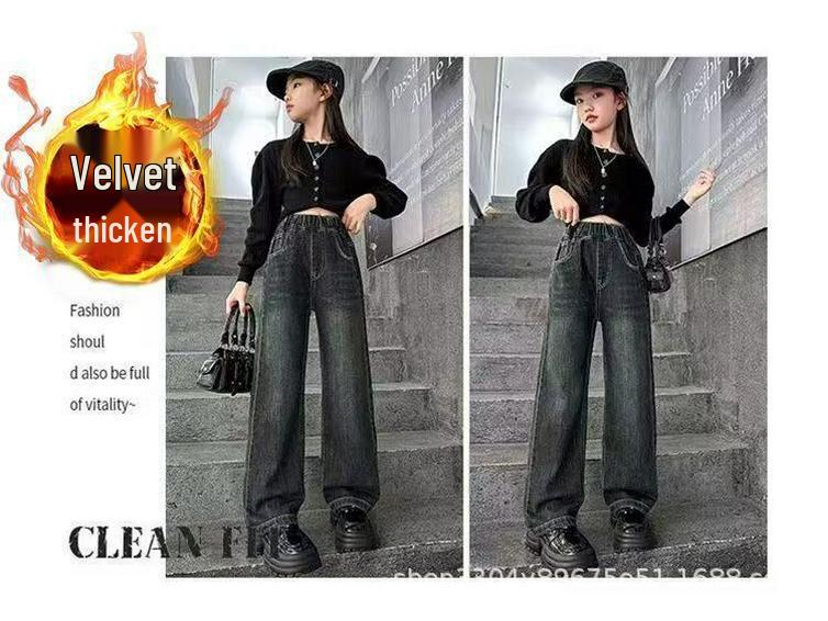 Modische Mädchen-Winterhose 2024 mit Fleecefutter - Herbstliche gerade Jeans mit weitem Bein für größere Kinder